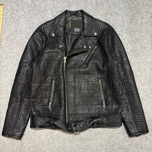 Robert Phillipe Mens Black Faux Leather Quilted Moto Biker Jacket XL Belted